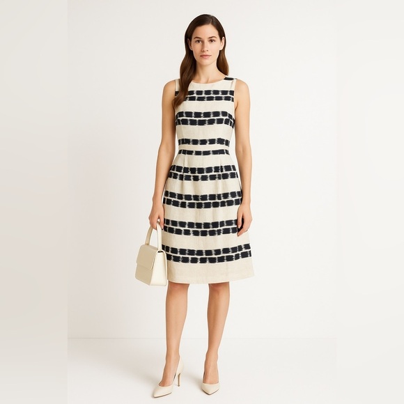 MaxMara Studio Ivory Black Scratched Stripe Print Sleeveless Dress Size 48 - Picture 1 of 16